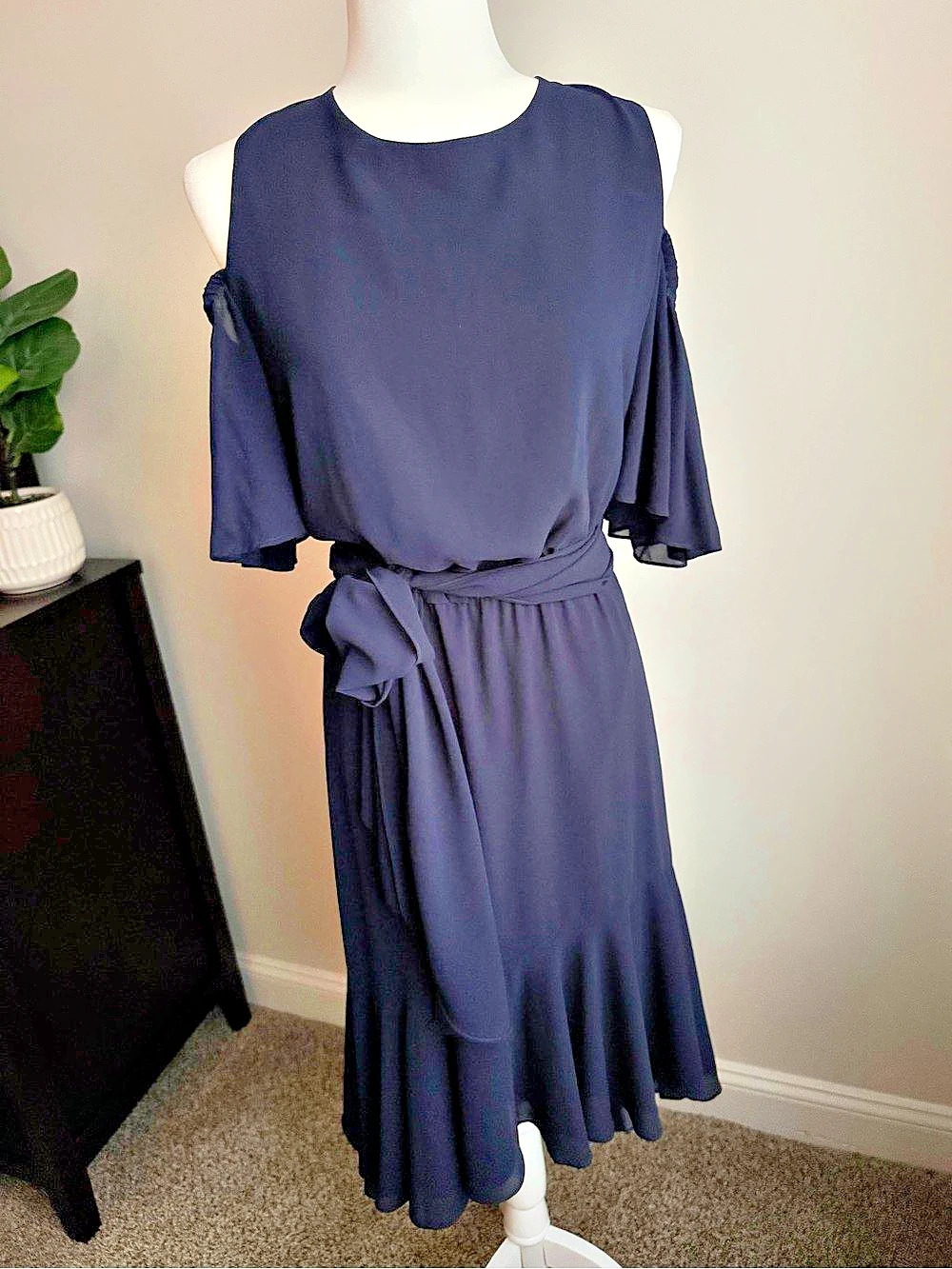 Eliza J Chiffon Off-the-shoulder Midi Dress in Navy Blue, Size 14